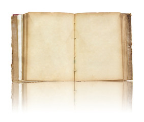 Old book open on reflect floor and white background