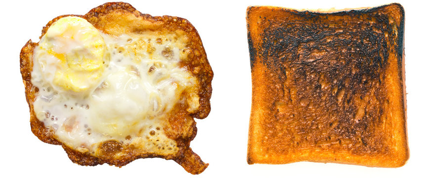 close up of burnt egg and toast