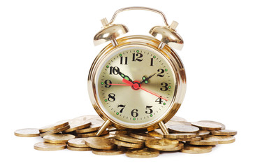 Alarm clock and money isolated on white background