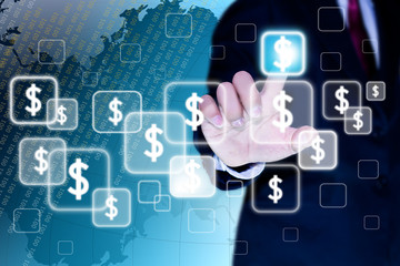 hand of business man pushing a button on a touch screen interfac