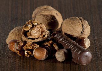 hazelnuts and walnuts with chocolate