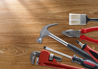 Set of tools on wood