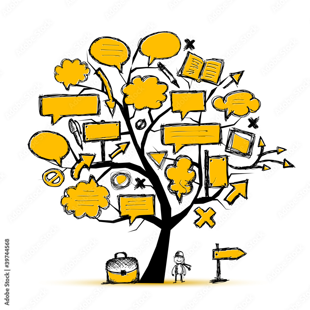 Poster sketch of tree with arrows and frames for your design