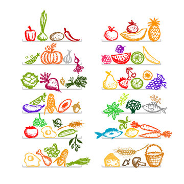 Healthy food on shelves, sketch for your design