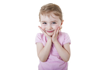 A happy little girl on white background