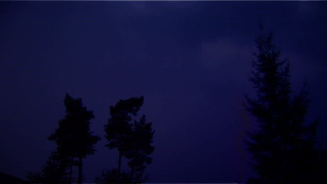 Lightning. Flash of light in night sky in forrest with sound.