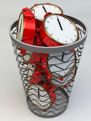 Wasting time concept: alarm clocks in the trash