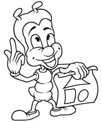 Ant Builder - Black and White Cartoon Illustration