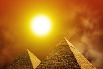 Sunset over Giza pyramids. Egypt
