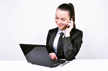 young happy business lady with laptop