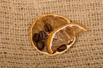 lemons and coffee beans on burlap