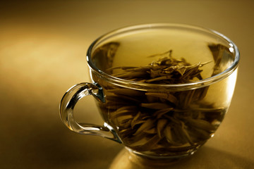 Cup of pure green tea on the abstract reflected background
