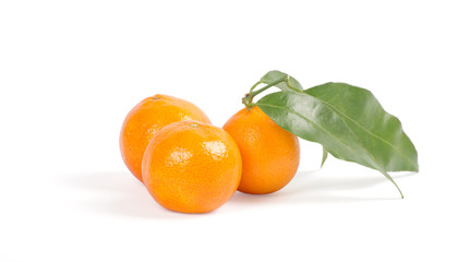 Tangerines with green leaves isolated on white