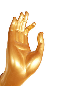 Hand gold Buddha on white Thai background.