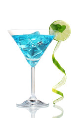 Blue cocktail in martini glasses with ice isolated on white