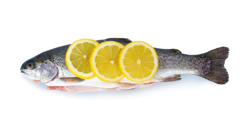 Fresh fish with lemon isolated on white.