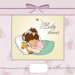 baby shower card with little girl and her toy