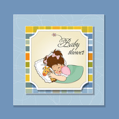 baby shower card with little girl and her toy