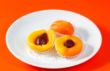 Marzipan fruit:  peach, apricot, plum
