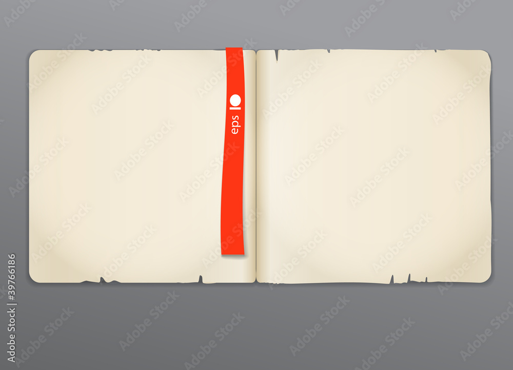 Poster old opened book with red bookmark background