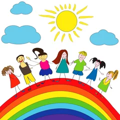 Fotobehang Regenboog Vrolijke kinderen en regenboog, gelukkig leven