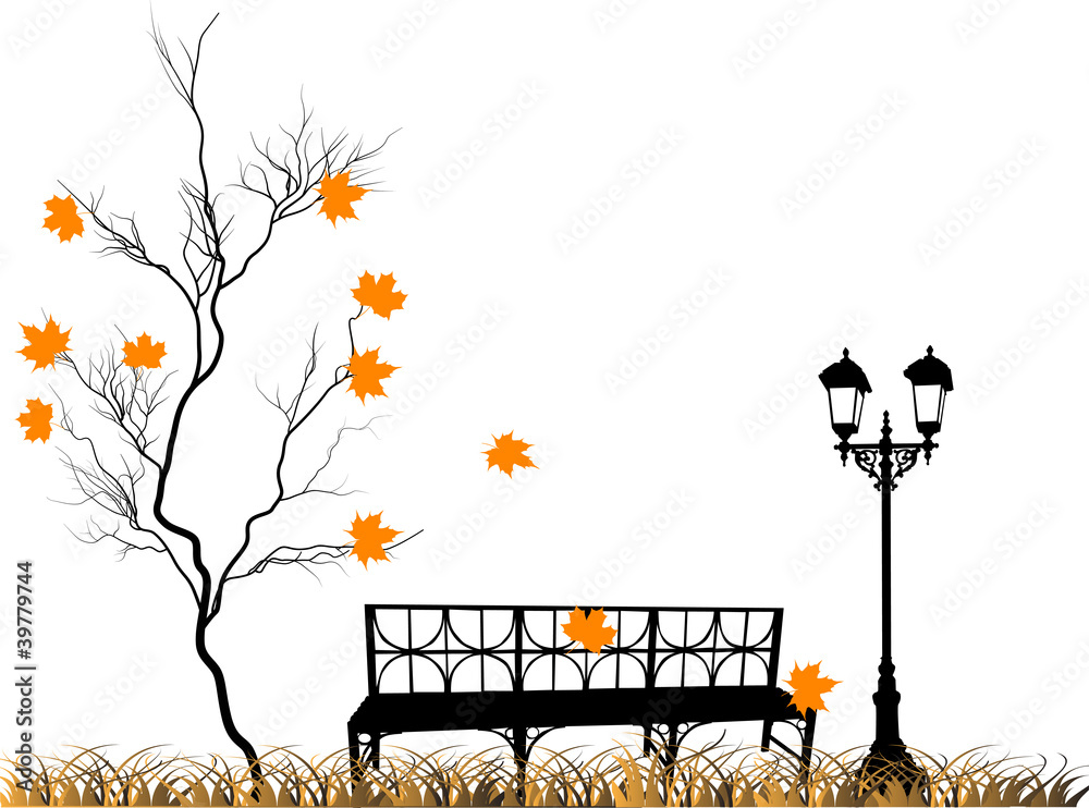 Sticker isilated orange fall maple and bench