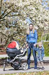 Fototapeta na wymiar mother and her daughter with a pram on spring walk