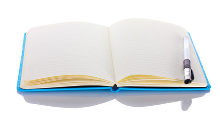 beautiful notebook and pen isolated on white