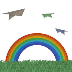 Green field with rainbow and plane made by grunge recycle paper