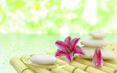 Flowers stones and soap near water in spa salon