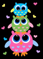 three colorful sweet owls