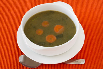 spinach soup in the white bowl