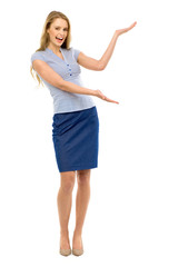 Attractive woman presenting something