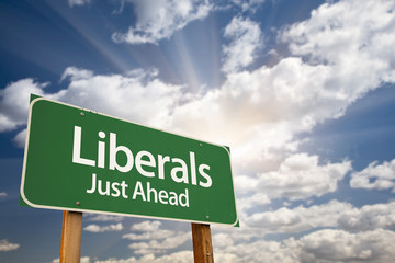 Liberals Green Road Sign and Clouds - obrazy, fototapety, plakaty