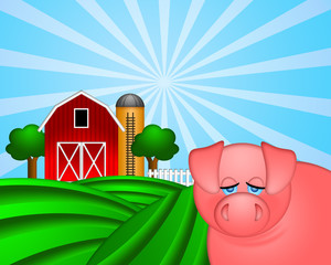 Cochon sur vert pâturage avec grange rouge avec silo à grains
