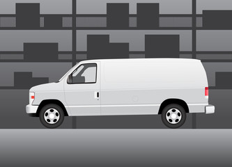 White delivery van inside of storehouse