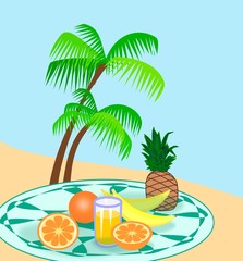 Fruit,  juice, and two palm trees
