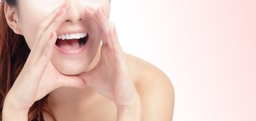 woman mouth whispering with pink background