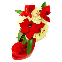 lady's shoe decorated with flowers