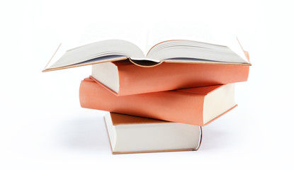 A stack of books on a white background.