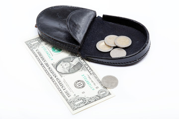 Black purse on white background.