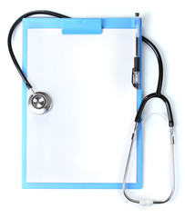 stethoscope and blue clipboard isolated on white