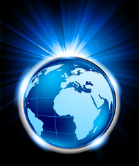 Bright blue background with globe