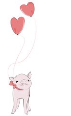 Adorable pet piggy, with heart balloons floating above it