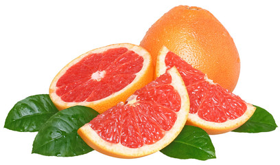 Fototapeta na wymiar Sliced ​​grapefruit with leafs isolated.