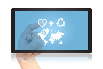 Hand pushing digital button on tablet screen.