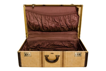 Open vintage suitcase isolated on white