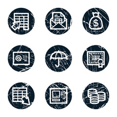 Banking web icons, grunge circle buttons