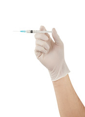 Doctor hand with gloves holding medical syringe isolated