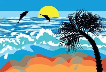 Fotobehang Vogel zeegezicht met dolfijnen en palm